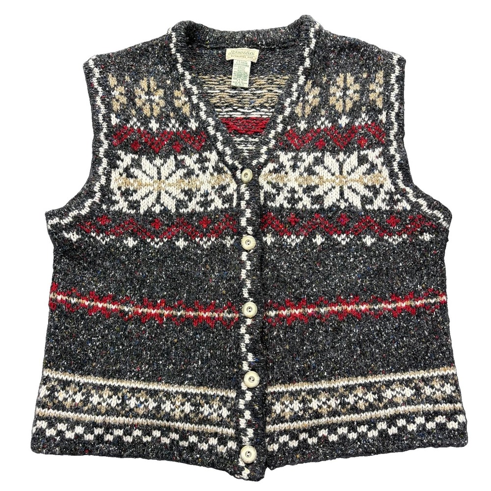 Vtg St Johns Bay Cardigan Seeater Vest Womens XL Petite Fair Isle Wool Blend